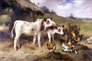 Terneros y aves de corral fuera de un granero de Walter Hunt