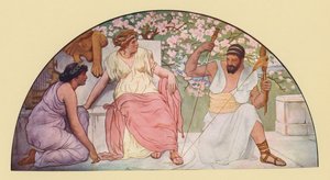 Hércules con la rueca hilando para la reina Onfalia (litografía en color) de Walter MacEwen