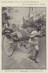 Marinero y soldado británicos paseando en un rickshaw por las calles de Durban durante una pausa en la lucha en la Guerra de los Bóers