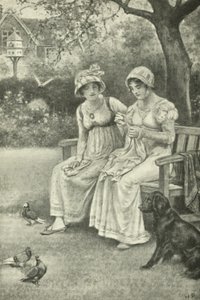 Jane Austen, cosiendo, con su hermana Cassandra en el Jardín del Rectorado