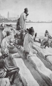 Parsis adorando al Sol naciente en la playa de Bombay (litografía)