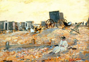 Escena de playa (óleo sobre tabla) de Walter Westley Russell