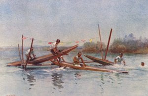 Nueva Zelanda: Canoe Hurdle Race (litografía en color) de Walter Wright