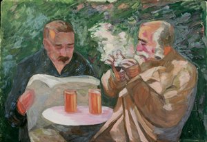 Hombres en el jardín de la taberna