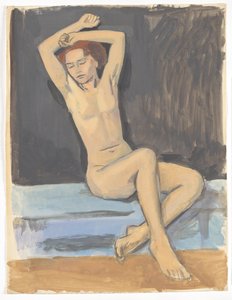 Mujer desnuda con los brazos levantados