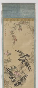 Urracas, granadas e hibiscos Pintura de desplazamiento con urracas, granadas e hibiscos de Wang Ying