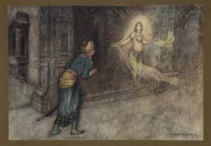 Lámina 13: "Vio a una mujer hermosa que salía del palacio", de Folk-Tales of Bengal ... Con 32 ilustraciones en color de Warwick Goble (Edition de luxe.) 1914 (litografia en color) de Warwick Goble