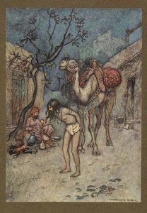 Placa 16: "El camellero se apeó, ató el camello al árbol en el lugar y comenzó a fumar".  Folk-Tales of Bengal ... Con 32 ilustraciones en color de Warwick Goble. (Edición de lujo).  1914