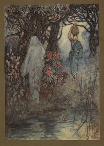 Lámina 18: "La esposa de Brahman tuvo la ocasión de ir al tanque, y mientras iba fue rozada por un Sankchinni", de Folk-Tales of Bengal ... Con 32 ilustraciones en color de Warwick Goble. (Edición de lujo.) de Warwick Goble