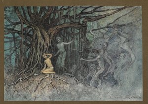 Lámina 19: "En el momento en que se dio el primer golpe, una gran cantidad de fantasmas corrieron hacia el Brahman, de" Folk-Tales of Bengal ... Con 32 ilustraciones en color de Warwick Goble (Edición de lujo). de Warwick Goble