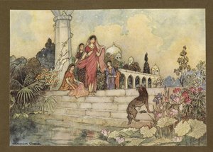Lámina 23: "El chacal... abrió su fardo de hojas de betel, se metió un poco en la boca y empezó a masticarlas", de Folk-Tales of Bengal... Con 32 ilustraciones en color de Warwick Goble (Edition de luxe .) de Warwick Goble