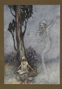 Lámina 26: "Ahora barbero, te voy a destruir. ¿Quién te protegerá?", de Folk-Tales of Bengal... Con 32 ilustraciones en color de Warwick Goble (Edición de lujo).