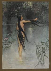 Lámina 29: "Cuando salió del agua, ¡qué cambio se vio en ella!", de Folk-Tales of Bengal ... Con 32 ilustraciones en color de Warwick Goble (Edición de lujo). 1914