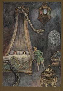 Placa 3: "Salió corriendo de su escondite y mató a la serpiente", de Folk-Tales of Bengal ... Con 32 ilustraciones en color de Warwick Goble. (Edición de lujo) de Warwick Goble