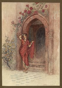 Placa 5: "A cuya puerta se encontraba una dama de exquisita belleza", de Folk-Tales of Bengal ... Con 32 ilustraciones en color de Warwick Goble. (Edición de lujo) de Warwick Goble