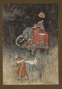 Lámina 8: "De repente, un elefante magníficamente enjaezado se cruza en su camino", de Folk-Tales of Bengal ... Con 32 ilustraciones en color de Warwick Goble (Edition de luxe) de Warwick Goble