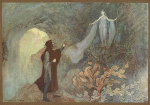 El Hada se aparece al Príncipe en la Gruta, de Cenerentola. de Warwick Goble
