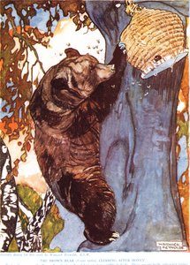 El oso pardo (Ursus arctos), trepando tras la miel, ilustración de 