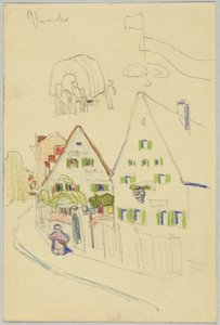 Callejón con casas a dos aguas y vagones cubiertos, verso: vista de un lugar con una iglesia con cúpula de cebolla de Wassily Kandinsky