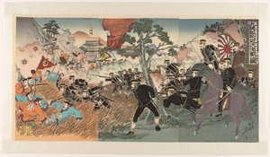 La gran batalla cerca de Jiuliancheng Kurenjo fukin daigekisen no zu (título sobre objeto) de Watanabe Nobukazu