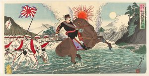 Una representación de la heroica batalla del Capitán Matsuzaki en la Batalla de Songhwan. Seikan no eki ni oite Matsuzaki Taii yûsen no zu (título sobre objeto) de Watanabe Nobukazu