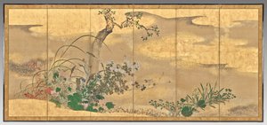 Flores y árboles de las cuatro estaciones (pantalla izquierda) de Watanabe Shiko