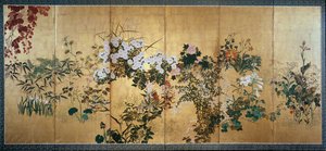 Pantalla con flores de otoño e invierno de Watanabe Shiko