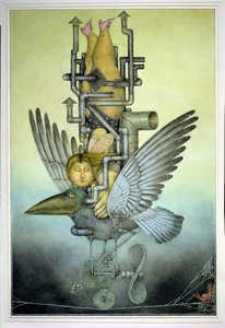 Chica en equilibrio sobre pájaro mecánico en la cuerda floja (lápiz y lápiz de color sobre papel) de Wayne Anderson