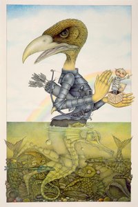 Ave con armadura sobre caballito de mar (lápiz y lápiz de color sobre papel) (par de 150071) de Wayne Anderson