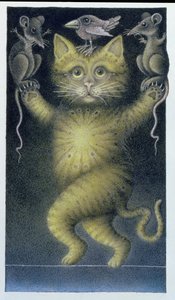 Gato en la cuerda floja, en equilibrio con pájaro y ratones (lápiz y lápiz de color sobre papel)