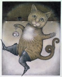 El Gato con Botas dando una voltereta (lápiz y lápiz de color sobre papel)