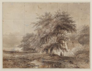 Paisaje con una granja bajo los árboles a la derecha, con una mujer y un niño delante de Weissenbruch (workshop of)