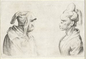 Cabezas deformadas de un hombre con un sombrero flexible y una mujer con el pelo atado Varie figurae et probae (título de la serie) Caricaturas, cabezas y deformidades después de Leonardo da Vinci (título de la serie)