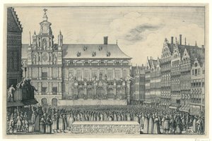 Proclamación de la Paz de Munster en Amberes, 1648 Eygentlycke Representando el camino de la publicación de den Peys, entre syne Mayesteyt den Coninck van Spagnien, y Heeren Staten Generael van de Vereenich[de] Nederlanden en un Heerlyc de Wenceslaus Hollar