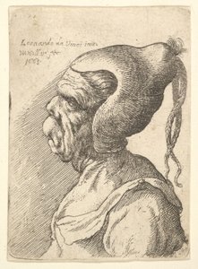 Busto de una mujer deformada con sombrero cónico y dos trenzas colgantes de perfil a la izquierda de Wenceslaus Hollar