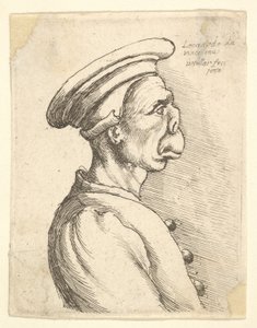 Busto de un hombre con nariz chata y boca prominente, con gorra plana y abrigo abotonado, 1660