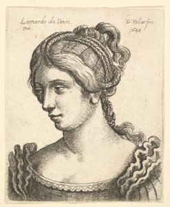 Busto de una mujer mirando hacia abajo a la izquierda con cabello elaboradamente decorado, 1648 de Wenceslaus Hollar