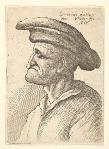 Busto de anciano con nariz que se encuentra con su labio inferior, usando una gorra ancha de Wenceslaus Hollar