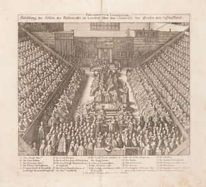 Representación de la sesión del Parlamento de Londres sobre la sentencia del Conde de Stafford, ca. 1642 de Wenceslaus Hollar
