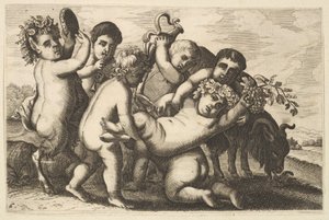 Cinco niños, dos sátiros y una cabra copia de Wenceslaus Hollar