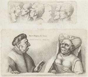 Frisón con Cabezas de Estudio / Caricaturas del Rey y la Reina de Túnez Rex et Regina de Tunis (título sobre objeto) Varie figurae et probae (título de la serie) Caricaturas, cabezas y deformidades después de Leonardo da Vinci (título de la serie)