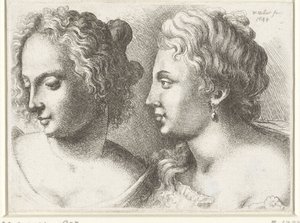 Cabezas de dos mujeres jóvenes Varie figurae et probae (título de la serie) Caricaturas, cabezas y deformidades después de Leonardo da Vinci (título de la serie) de Wenceslaus Hollar
