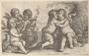 Jesús y San Juan abrazándose, con Querubines de Wenceslaus Hollar