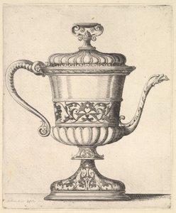 Jarra con tapa, grabada con patrón de arabescos, el pico estrecho a la derecha terminando en serpiente, 1625-77 de Wenceslaus Hollar