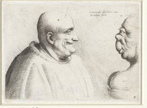 Cabezas de un gran hombre calvo y una mujer grotesca Varie figurae et probae (título de la serie) Caricaturas, cabezas y deformidades después de Leonardo da Vinci (título de la serie) de Wenceslaus Hollar