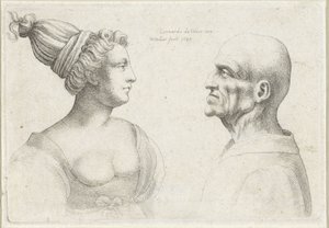 Cabezas de un hombre y una mujer calvos con turbantes Varie figurae et probae (título de la serie) Caricaturas, cabezas y deformidades después de Leonardo da Vinci (título de la serie)