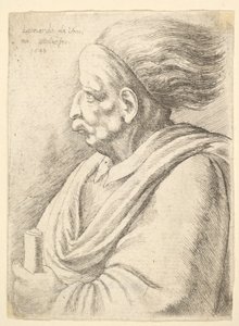 Hombre con rasgos caricaturizados y cabello al viento, medio cuerpo a la izquierda de Wenceslaus Hollar