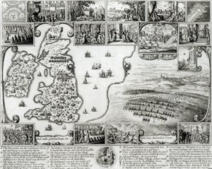 Mapa de la Guerra Civil Inglesa y una vista de Praga, 1632