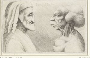 Caricatura de cabezas deformadas de un hombre con sombrero (¿Dante?) y una mujer Varie figurae et probae (título de la serie) Caricaturas, cabezas y deformidades después de Leonardo da Vinci (título de la serie) de Wenceslaus Hollar