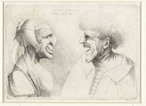 Cabezas deformadas de un hombre y una mujer sonrientes con una gorra en la cabeza Varie figurae et probae (título de la serie) Caricaturas, cabezas y deformidades después de Leonardo da Vinci (título de la serie) de Wenceslaus Hollar